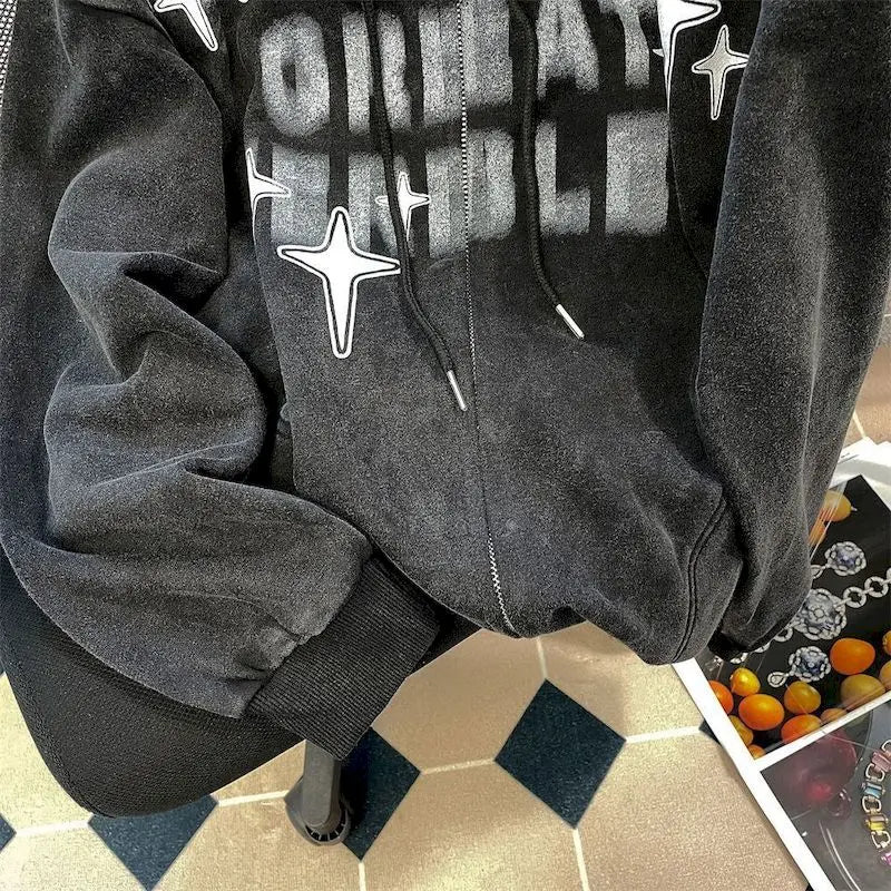 Retro Star Print Zip Oversized Hoodies