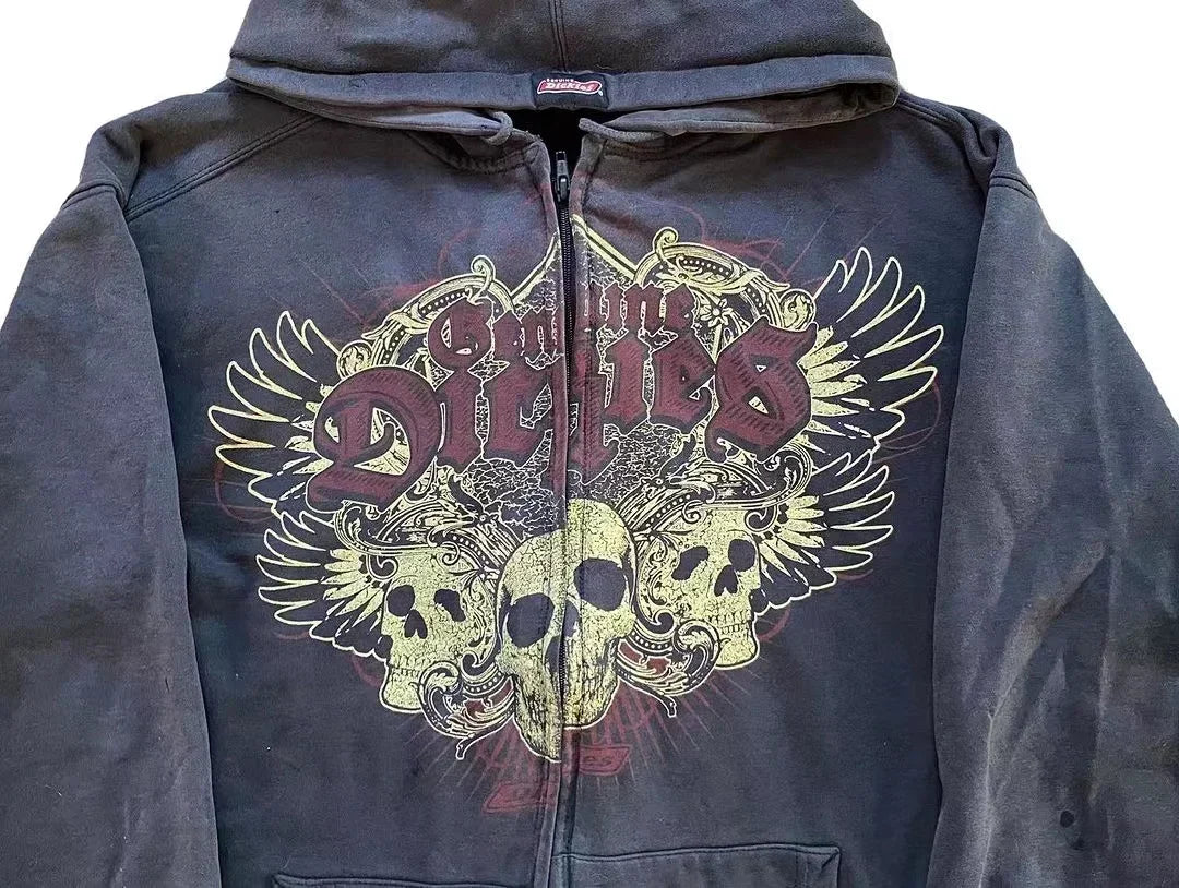 Y2k Vintage Gothic Fashion Skull Print Zip Up