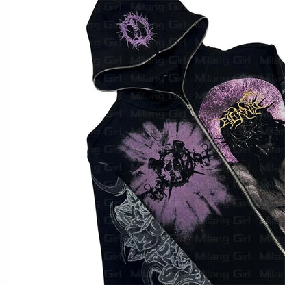 Goth Print Graphic Zip-Up Jackets