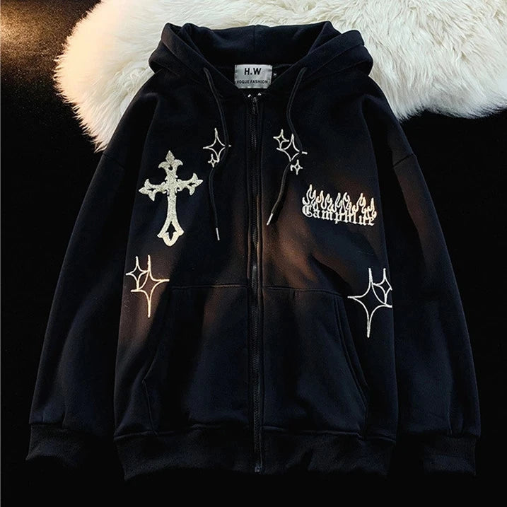 Embroidery Hoodies Street Zip Up Hoodie