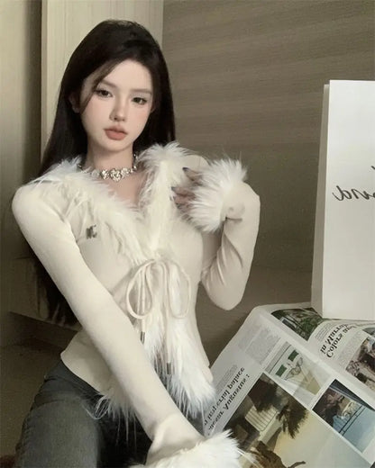 Long Sleeve Female Vintage Furry Crop Top