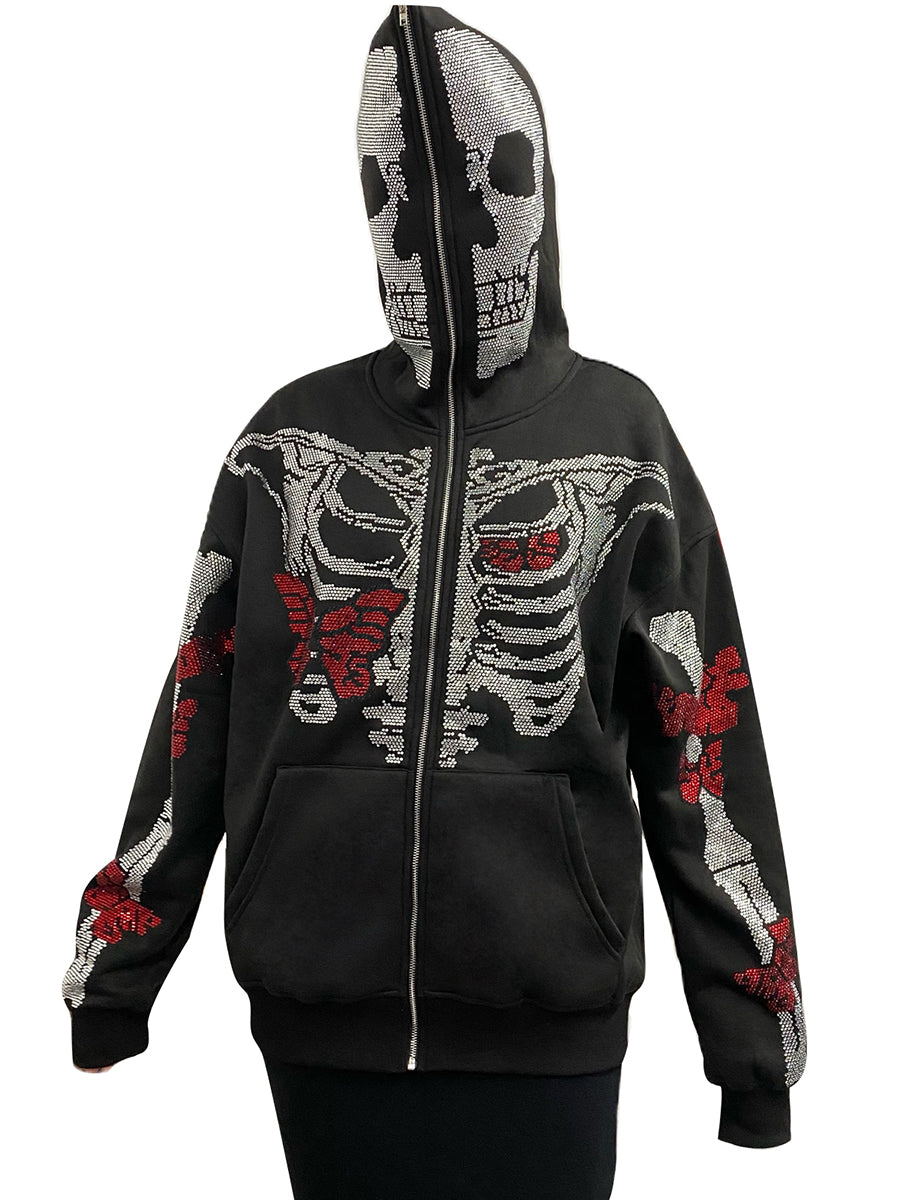 Skeleton Print Full Zip Up Punk Hoodie