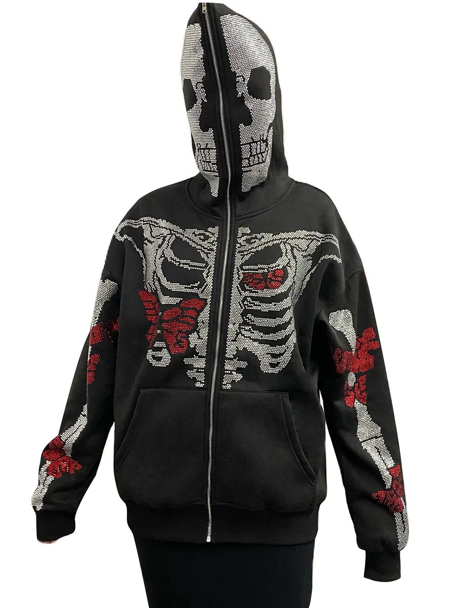 Skeleton Print Full Zip Up Punk Hoodie