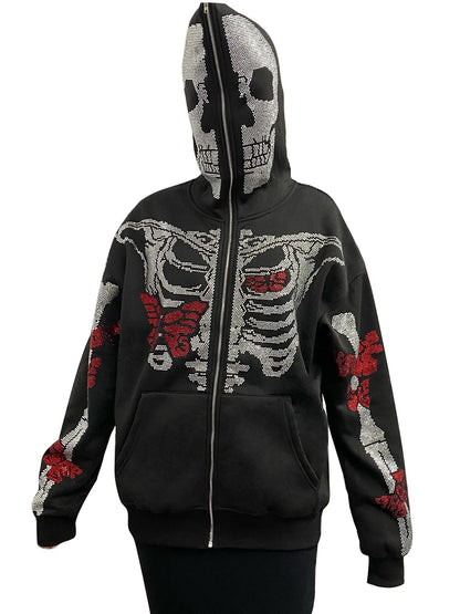Skeleton Print Full Zip Up Punk Hoodie