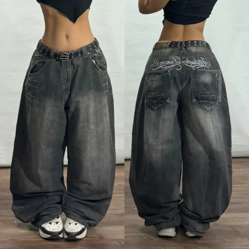 Embroidered Letter Patch Baggy Jeans