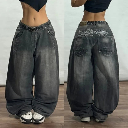 Embroidered Letter Patch Baggy Jeans