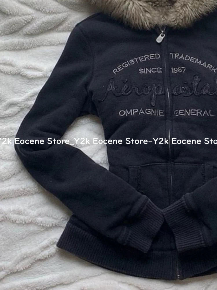 Vintage Letter Fur Collar Hooded Sweatshirt