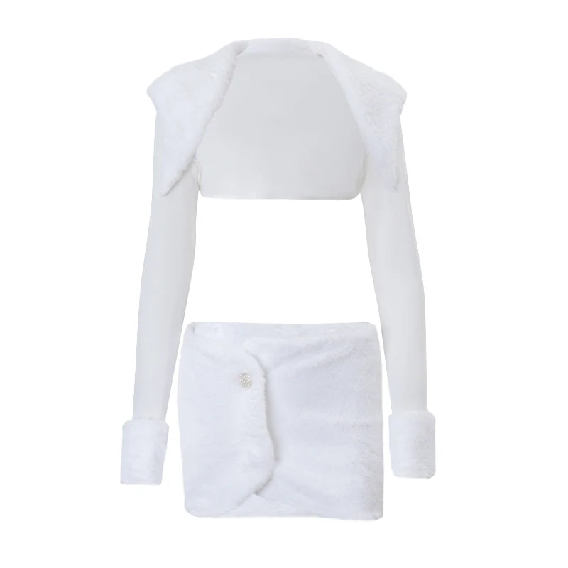 Candyhot Faux Fur Long Sleeve Cardigan and Mini Skirt Y2K 2 Pieces Set