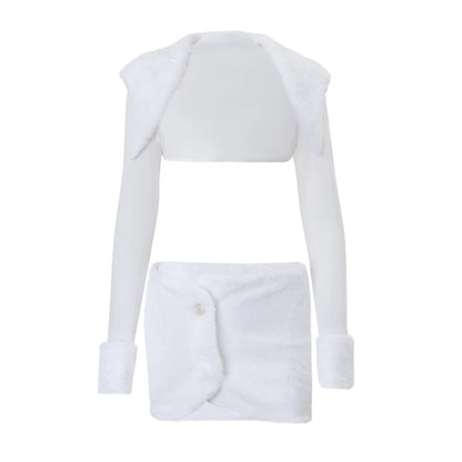 Candyhot Faux Fur Long Sleeve Cardigan and Mini Skirt Y2K 2 Pieces Set