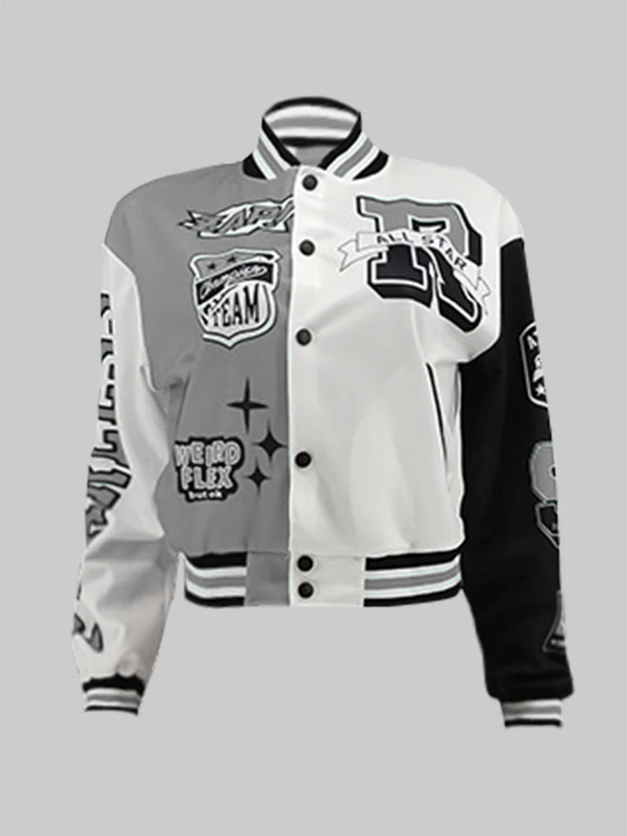 LW Baseball Collar Letter Print Varsity Jacket