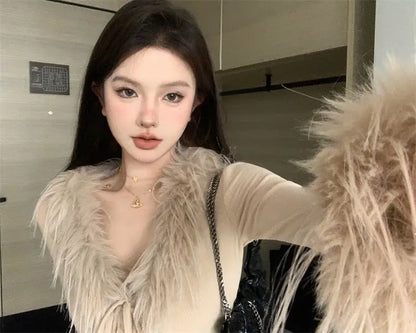 Long Sleeve Female Vintage Furry Crop Top