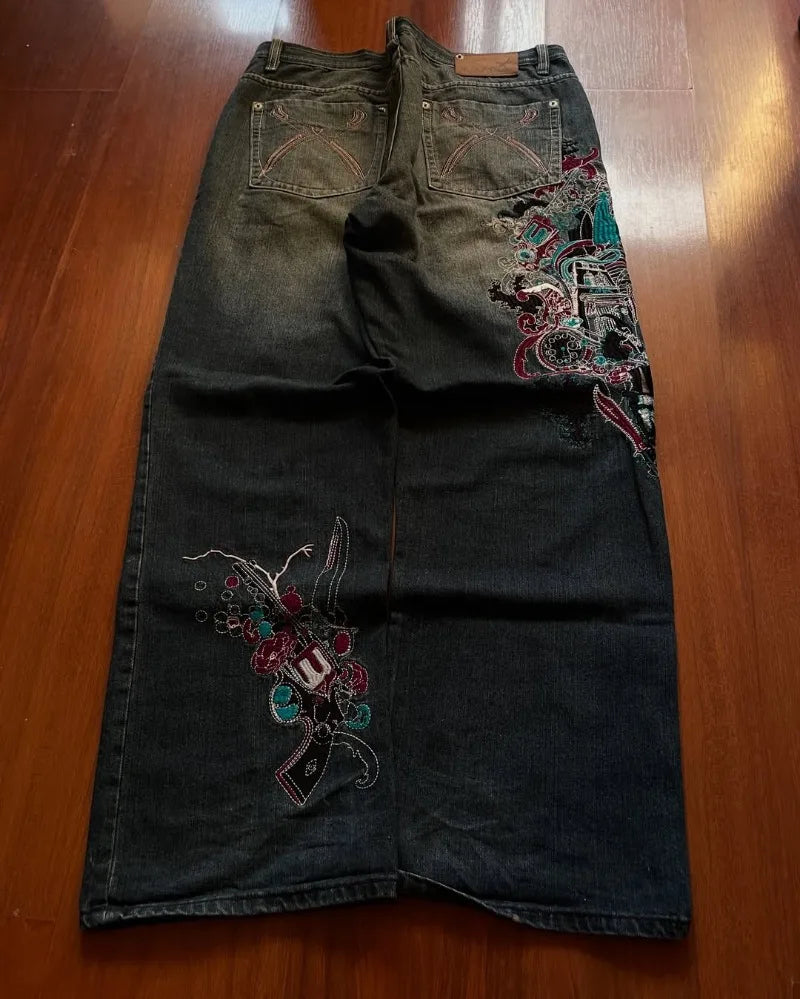 High Waist Graphic Embroidery Oversized Jeans