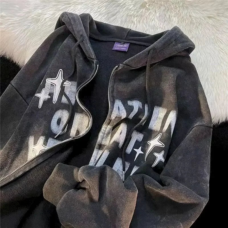 Retro Star Print Zip Oversized Hoodies