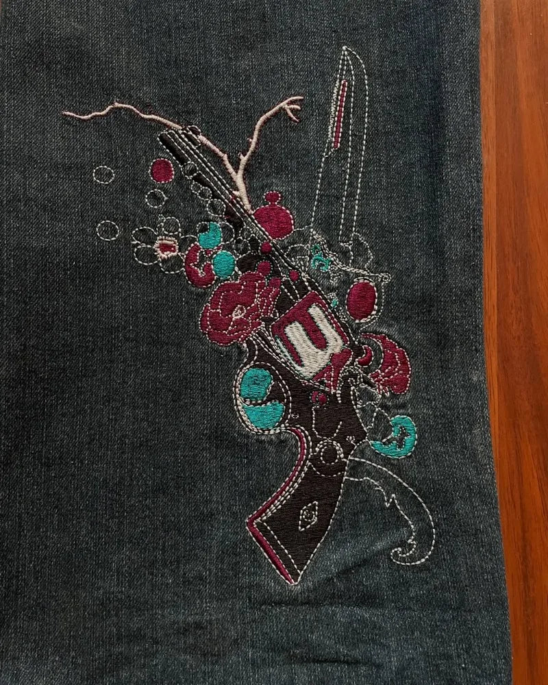 High Waist Graphic Embroidery Oversized Jeans